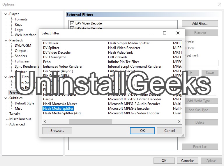 uninstall haali media splitter