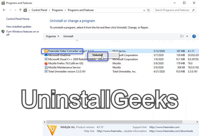 uninstall freemake video converter